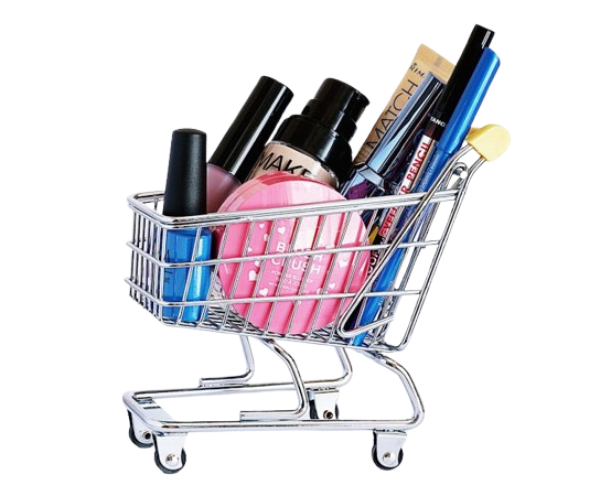 Miniature shopping cart filled with a variety of cosmetics on a white background.